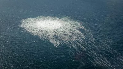 FILE PHOTO: Gas bubbles from the Nord Stream 2 leak reaching surface of the Baltic Sea in the area shows disturbance of well over one kilometre diameter near Bornholm, Denmark, September 27, 2022. Danish Defence Command/Handout via REUTERS/File Photo