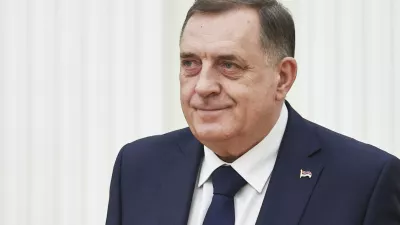 Bosnian Serb President Milorad Dodik attends a meeting with Russian President Vladimir Putin meeting at the Kremlin in Moscow, Russia, Tuesday, April 1, 2025. (Mikhail Tereshchenko, Sputnik, Kremlin Pool Photo via AP)