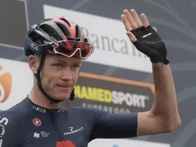 FILE - Chris Froome gestures during the 55th edition of Tirreno&ndash;Adriatico cycling from Norcia to Sassano-Sassotetto in Norcia, Italy, Sept. 11, 2020. (Fabio Ferrari/LaPresse via AP, File)