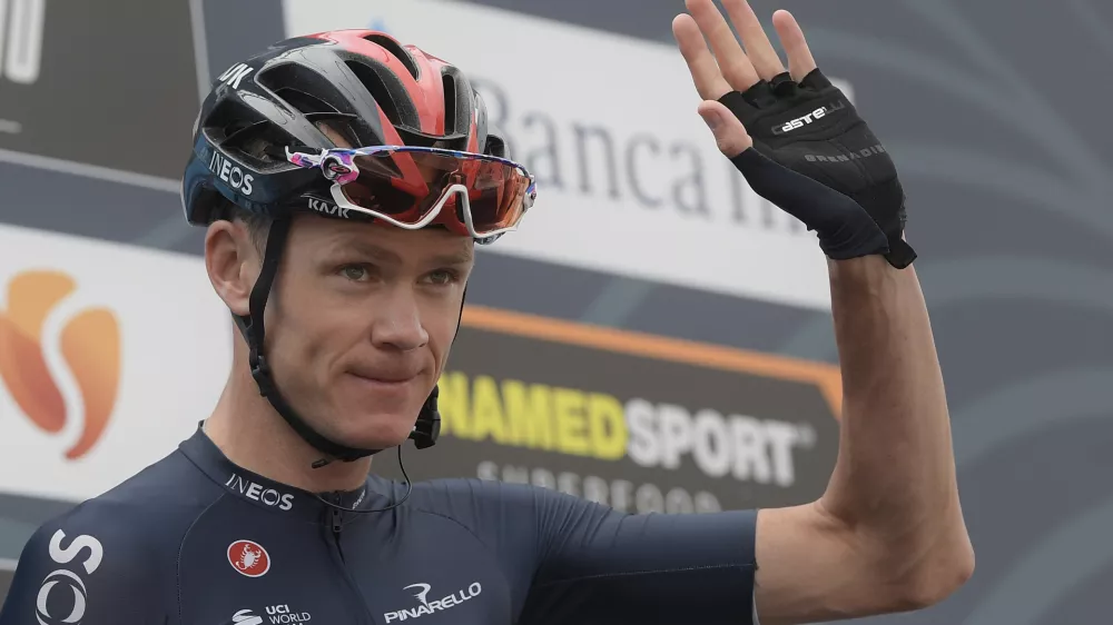 FILE - Chris Froome gestures during the 55th edition of Tirreno&ndash;Adriatico cycling from Norcia to Sassano-Sassotetto in Norcia, Italy, Sept. 11, 2020. (Fabio Ferrari/LaPresse via AP, File)