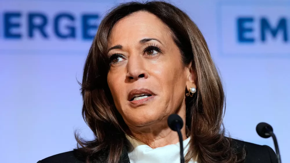 FILE - Former Vice President Kamala Harris delivers the keynote speech at the Emerge 20th Anniversary Gala in San Francisco, April 30, 2025. (AP Photo/Godofredo A. V&aacute;squez, File)