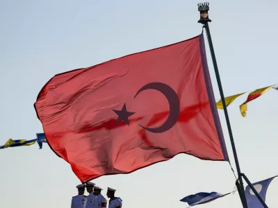 Turkish sailors stand on a navy ship during the Teknofest Blue Homeland event at the Naval Shipyard Command in Istanbul, Turkey, August 28, 2025. Teknofest, the country's largest aerospace and technology festival, is expanding this year to showcase Turkey's naval capabilities and advanced technologies in a special maritime-themed edition. REUTERS/Murad Sezer   TPX IMAGES OF THE DAY