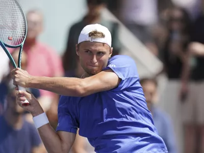 Leandro Riedi of Switzerland during the first round of the U.S. Open tennis tournament, Tuesday, Aug. 26, 2025, in New York. (AP Photo/Vera Nieuwenhuis)