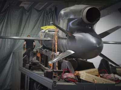 Workers inspect Flamingo missiles a Fire Point's secret factory in Ukraine on Thursday, Aug. 14, 2025. (AP Photo/Efrem Lukatsky)