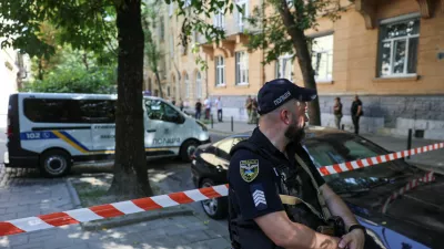 A police officer guards at the site of a murder of former Ukrainian parliamentary speaker Andriy Parubiy, who was killed this morning, amid Russia's attack on Ukraine, in Lviv, Ukraine August 30, 2025. REUTERS/Roman Baluk