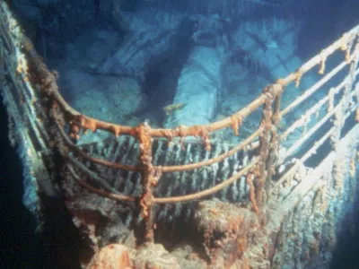 The bow of the ill-fated Titanic looms out of the darkness on the ocean floor 12,500 feet below the surface of the North Atlanic where it went down after a collision with an iceberg April 15, 1912. (AP Photo)