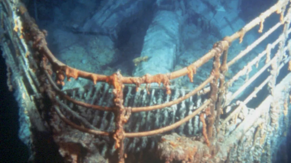 The bow of the ill-fated Titanic looms out of the darkness on the ocean floor 12,500 feet below the surface of the North Atlanic where it went down after a collision with an iceberg April 15, 1912. (AP Photo)