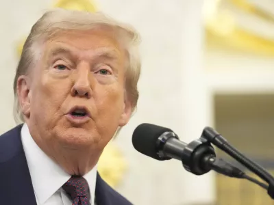 President Donald Trump speaks during an event about the relocation of U.S. Space Command headquarters from Colorado to Alabama in the Oval Office of the White House, Tuesday, Sept. 2, 2025, in Washington. (AP Photo/Mark Schiefelbein)