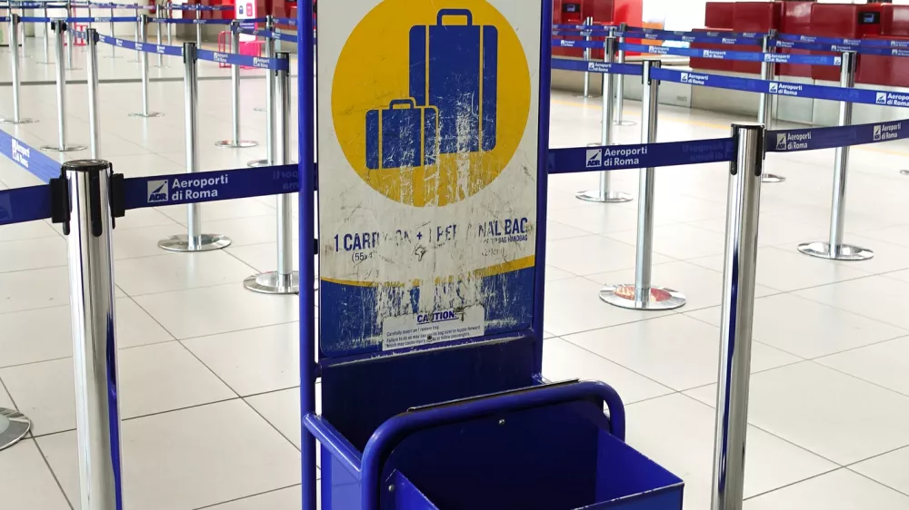 Box to measure the size of hand Luggage into the cabin of the airline ryanair. Milan, Italy
