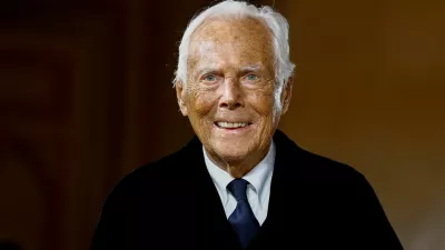 FILE PHOTO: Designer Giorgio Armani appears at the end of his Haute Couture Spring/Summer 2025 collection show for Giorgio Armani Prive in Paris, France, January 28, 2025. REUTERS/Sarah Meyssonnier/File Photo