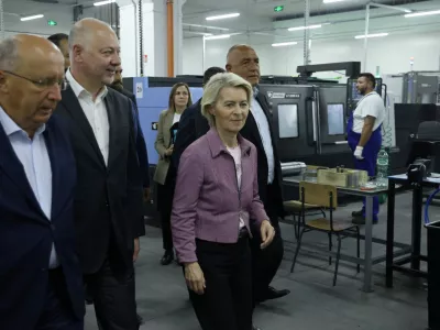 European Commission President Ursula von der Leyen, Bulgarian Prime Minister Rosen Zhelyazkov, and Boyko Borissov, leader of GERB party, walk during a visit at Bulgarian state arms company VMZ-Sopot, in Sopot, Bulgaria August 31, 2025. Bulgarian Government Press Office/Handout via REUTERS ATTENTION EDITORS - THIS IMAGE HAS BEEN SUPPLIED BY A THIRD PARTY. NO RESALES. NO ARCHIVES