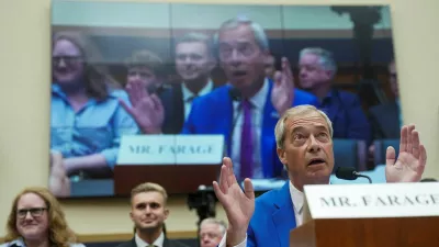 Britain's Reform UK Party leader Nigel Farage testifies before a House Judiciary Committee hearing on European threats to American free speech and innovation, on Capitol Hill in Washington, D.C., U.S., September 3, 2025. REUTERS/Nathan Howard