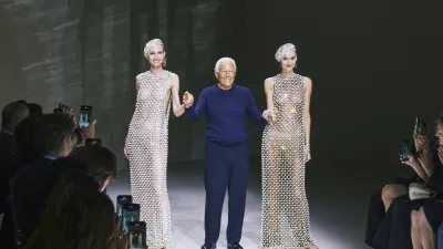 FILE -- Giorgio Armani with models at the end of his Priv&eacute; fashion show during Paris Fashion Week in Paris, June 25, 2024. Armani, a designer who rewrote the rules of fashion not once but twice in his lifetime, has died. His death was confirmed on Thursday, Sept. 4, 2025, in a statement by the Armani Group. He was 91.,Image: 1034258029, License: Rights-managed, Restrictions: A JUNE 25, 2024 FILE PHOTO., Model Release: no
