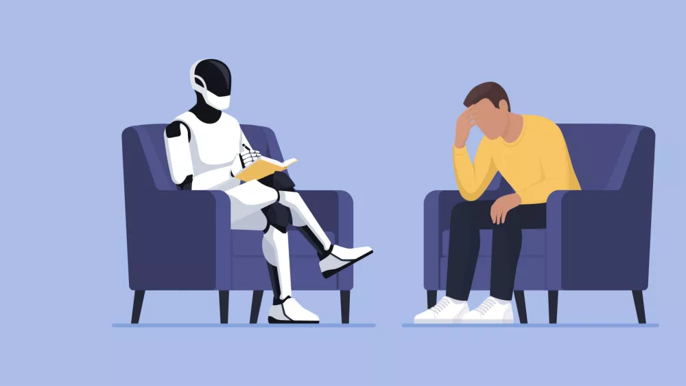 Psychologist AI humanoid robot talking with a sad depressed patient, artificial intelligence and psychology concept / Foto: Elenabs