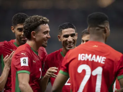 Morocco players celebrate after scoring a gaol against Niger during the World Cup group E qualifying soccer match at Stade Prince Moulay Abdallah in Rabat, Morocco, Friday, Sep. 5, 2025. (AP Photo)