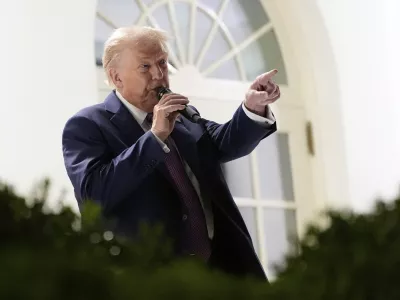 President Donald Trump speaks at a dinner in the Rose Garden of the White House, Friday, Sept. 5, 2025, in Washington. (AP Photo/Alex Brandon)