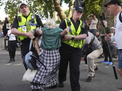 Police officers carry a protester during a protest to support Palestine Action in London, Saturday, Sept. 6, 2025.(AP Photo/Joanna Chan)