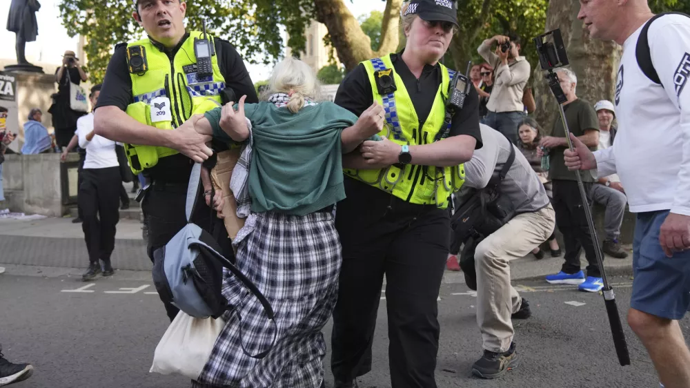 Police officers carry a protester during a protest to support Palestine Action in London, Saturday, Sept. 6, 2025.(AP Photo/Joanna Chan)