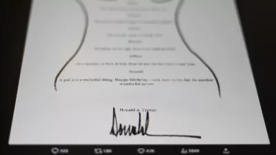 This image posted Monday, Sept. 8, 2025, on the X account of the Democrats on the House Oversight Committee shows a sexually suggestive birthday note to Jeffrey Epstein alluding to a "wonderful secret" and purportedly signed by President Donald Trump, who has denied sending the note. (@OversightDems/X via AP)
