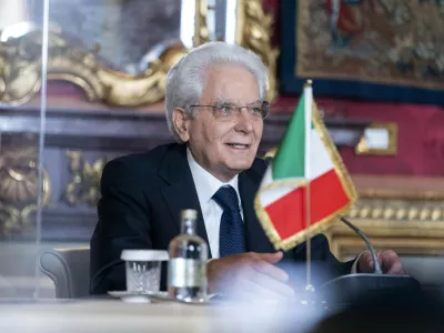 FILE - Italian President Sergio Mattarella speaks during a meeting with Secretary of State Antony Blinken at Quirinale Palace in Rome, Monday, June 28, 2021. Mattarella has been elected to a second seven-year term as the country&acirc;&euro;&trade;s head of state, ending days of political impasse as party leaders struggled to pick his successor. Earlier on Saturday, lawmakers entreated Mattarella, 80, who had said he didn&acirc;&euro;&trade;t want a second mandate, to change his mind and agree to reelection by lawmakers in Parliament and regional delegates. (AP Photo/Andrew Harnik, Pool, File)