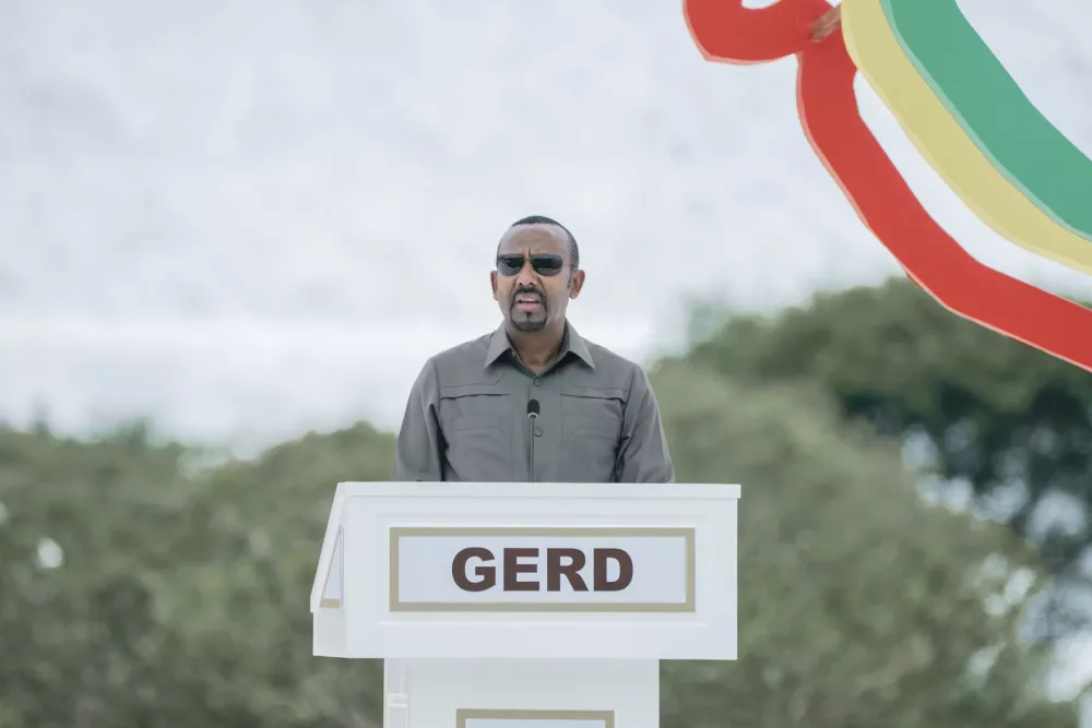 Ethiopia's Prime Minister Abiy Ahmed delivers a speech during the inauguration of the Grand Ethiopian Renaissance Dam in Benishangul-Gumuz, Ethiopia, Tuesday, Sept. 9, 2025. (AP Photo)