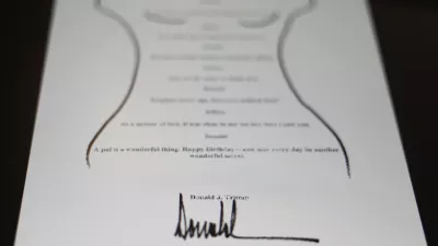 This image posted Monday, Sept. 8, 2025, on the X account of the Democrats on the House Oversight Committee shows a sexually suggestive birthday note to Jeffrey Epstein alluding to a "wonderful secret" and purportedly signed by President Donald Trump, who has denied sending the note. (@OversightDems/X via AP)