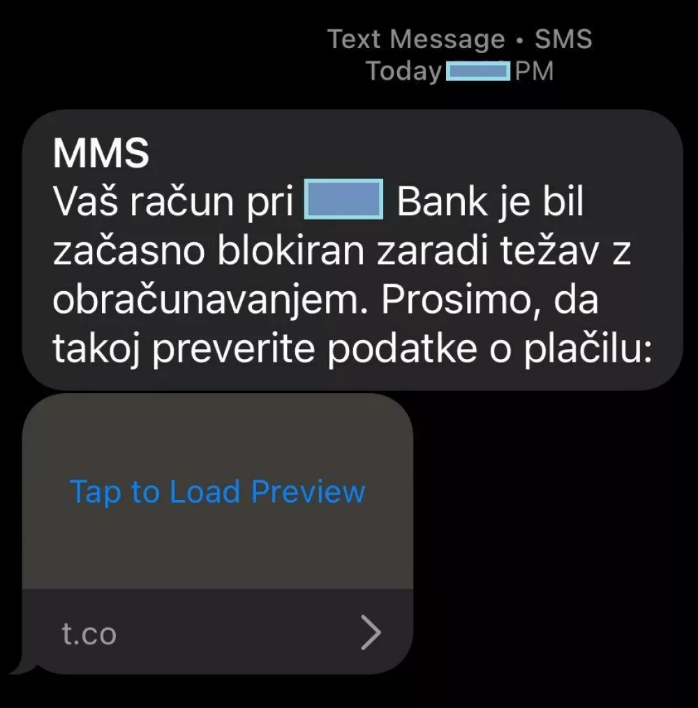 lažno sporočilo v imenu banke