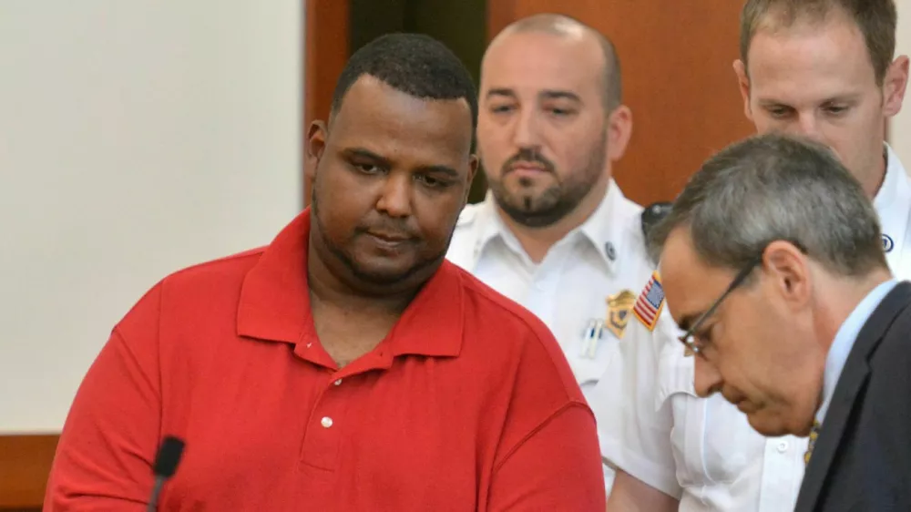 (Worcester, Ma 083117) Joshua Hubert is escorted into the court room for his dangerousness hearing on charges related to the kidnapping of a seven year old girl. At right is his attorney Richard Welsh Jr. August 31, 2017 Staff photo by Chris Christo (Photo by Chris Christo/MediaNews Group/Boston Herald via Getty Images)