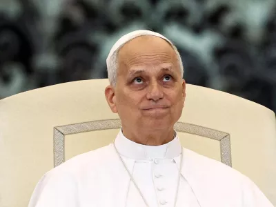 FILE PHOTO: Pope Leo XIV reacts as he holds a general audience in St. Peter's Square at the Vatican, September 10, 2025. REUTERS/Guglielmo Mangiapane/File Photo