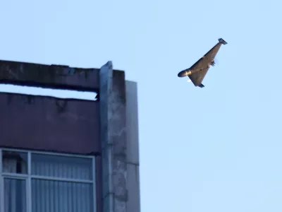 FILE - A Russian drone attacks a building during a Russian missile and drone air attack in Kyiv, Ukraine, June 17, 2025. (AP Photo/Efrem Lukatsky, File)