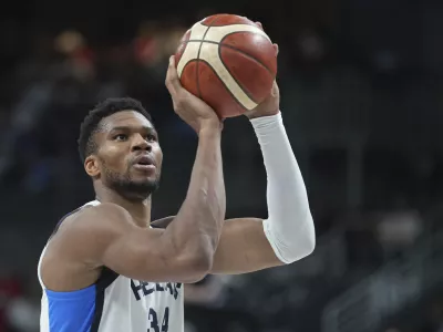 Greece's Giannis Antetokounmpo shoots during the Eurobasket, European Basketball Championship semi-final match between Greece and Turkey at the Riga Arena in Riga, Latvia, Friday, Sept. 12, 2025. (AP Photo/Sergei Grits)