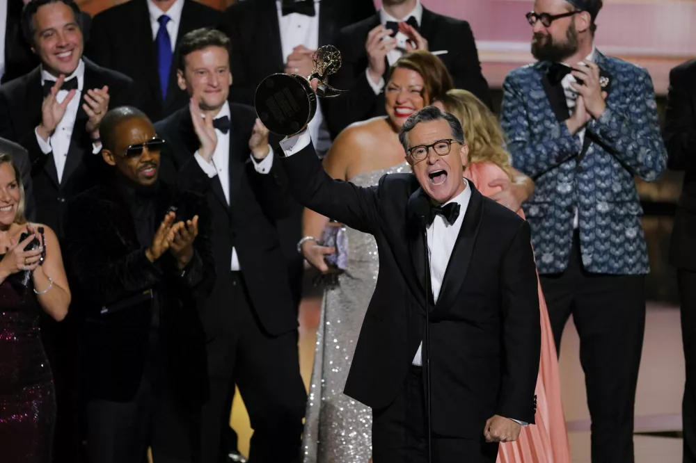 Stephen Colbert accepts the award for Outstanding Variety Talk Series award for "The Late Show with Stephen Colbert" at the 77th Primetime Emmy Awards in Los Angeles, California, U.S., September 14, 2025. REUTERS/Mike Blake
