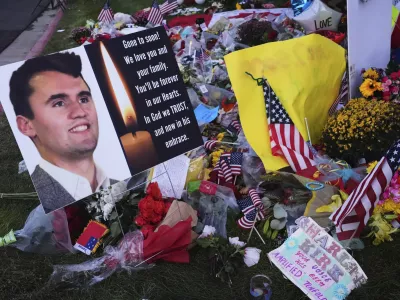 A memorial for Turning Point USA CEO and co-founder Charlie Kirk is seen at Utah Valley University, Saturday, Sept. 13, 2025, in Orem, Utah. (AP Photo/Lindsey Wasson)