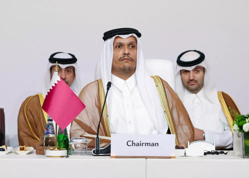 Qatar's Prime Minister and Minister for Foreign Affairs Sheikh Mohammed bin Abdulrahman bin Jassim Al-Thani, attends the preparatory ministerial meeting for emergency Arab-Islamic summit in Doha, Qatar September 14, 2025. Qatar Ministry of Foreign Affairs/Handout via REUTERS THIS IMAGE HAS BEEN SUPPLIED BY A THIRD PARTY. NO RESALES. NO ARCHIVES
