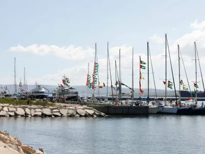 Participants of the Global Sumud Flotilla wait to set sail towards Gaza, with other boats from Tunisia, as part of an international humanitarian aid initiative to break Israel's naval blockade and deliver vital supplies to Palestinians, at the port of Bizerte, Tunisia September 13, 2025. REUTERS/Zoubeir Souissi