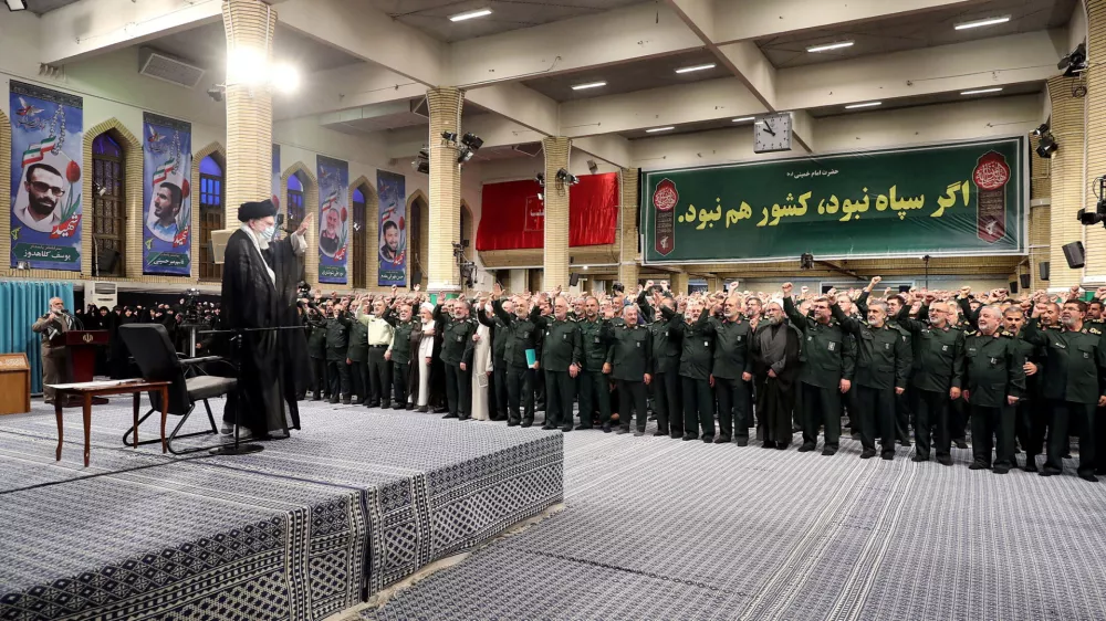 FILE PHOTO: Iran's Supreme Leader Ayatollah Ali Khamenei meets with commanders and a group of members of the Islamic Revolutionary Guard Corps in Tehran, Iran August 17, 2023. Office of the Iranian Supreme Leader/WANA (West Asia News Agency) via REUTERS ATTENTION EDITORS - THIS PICTURE WAS PROVIDED BY A THIRD PARTY/File Photo