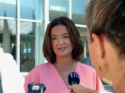 Bled.Protest ob robu Blejskega strateskega foruma.Ministrica za zunanje in evropske zadeve Tanja Fajon.