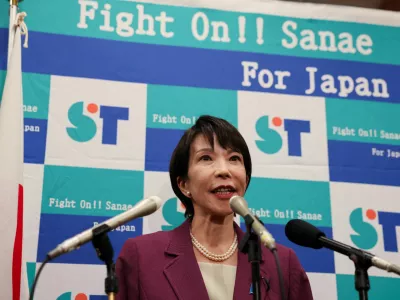 Sanae Takaichi, a veteran Japanese lawmaker and fiscal dove, speaks to reporters about her running in the ruling Liberal Democratic Party leadership race in Tokyo, Japan, September 18, 2025. REUTERS/Kim Kyung-Hoon