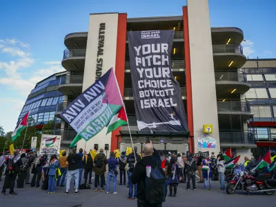 The Action Group for Palestine demonstrates as a reaction to the international soccer match between Norway and Israel taking place next month, outside Ullevaal Stadium in Oslo, Norway, Wednesday, Sept. 17, 2025. (Gorm Kallestad/NTB Scanpix via AP)