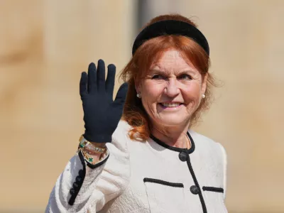 FILE - Sarah Ferguson waves the to the crowd was she attends the Easter Matins Service at St. George's Chapel, Windsor Castle, England, on April 20, 2025. (AP Photo/Kirsty Wigglesworth, Pool, File)