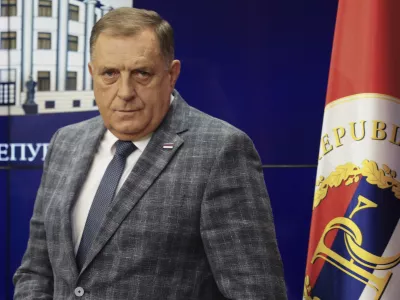 Bosnian Serb President Milorad Dodik looks on during a press conference after an appeals court in Bosnia-Herzegovina confirmed an earlier court ruling that sentenced to one year in prison and banned him from politics for six years over his separatist actions, in the Bosnian town of Banja Luka, 240 kms northwest of Sarajevo, Friday, August. 1, 2025. (AP Photo/Radivoje Pavicic)