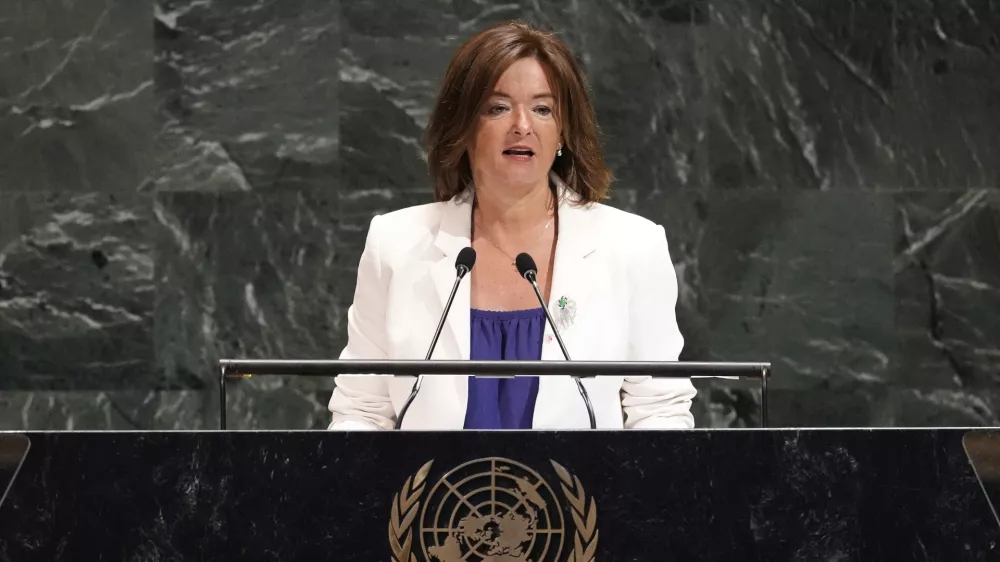 Slovenia Deputy Prime Minister and Foreign Minister Tanja Fajon addresses the United Nations General Assembly, Monday, July 28, 2025. (AP Photo/Richard Drew)