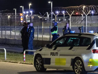 Danish police patrol at Copenhagen Airport, Denmark, Monday Sept. 22, 2025. (Steven Knap/Ritzau Scanpix via AP)