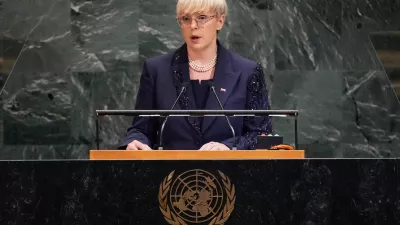 Slovenia President Natasa Pirc Musar addresses the 80th session of the United Nations General Assembly, Tuesday, Sept. 23, 2025. (AP Photo/Richard Drew)