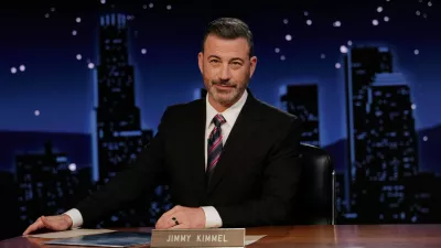 This image released by Disney shows Jimmy Kimmel hosting his late night show "Jimmy Kimmel Live!" in Los Angeles on Tuesday, Sept. 23, 2025. (Randy Holmes/Disney via AP)