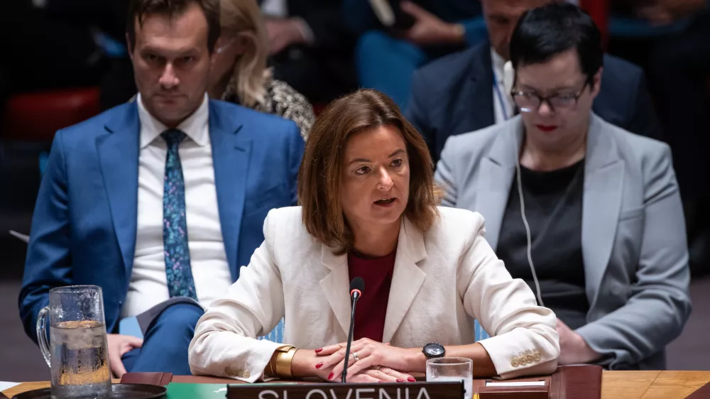 Slovenia Deputy Prime Minister and Foreign Minister Tanja Fajon, addresses the High-Level Security Council on Palestinians and Israel during the 80th session of the United Nations General Assembly, Tuesday, Sept. 23, 2025. (AP Photo/Angelina Katsanis)