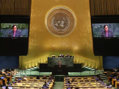 Minister for Foreign Affairs of Sweden Maria Malmer Stenergard addresses the 80th session of the United Nations General Assembly, Thursday, Sept. 25, 2025, at U.N. headquarters. (AP Photo/Pamela Smith)