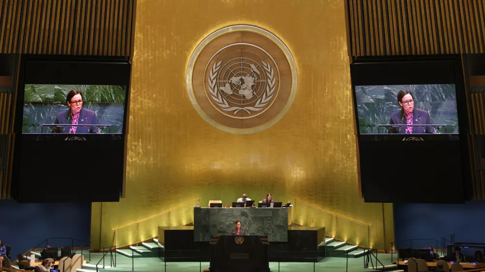 Minister for Foreign Affairs of Sweden Maria Malmer Stenergard addresses the 80th session of the United Nations General Assembly, Thursday, Sept. 25, 2025, at U.N. headquarters. (AP Photo/Pamela Smith)