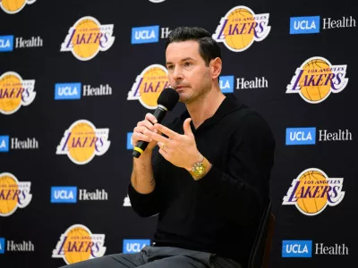 Sep 25, 2025; El Segundo, CA, USA; Los Angeles Lakers head coach JJ Redick speaks during a press conference to preview the 2025-26 season at UCLA Health Training Center. Mandatory Credit: William Liang-Imagn Images
