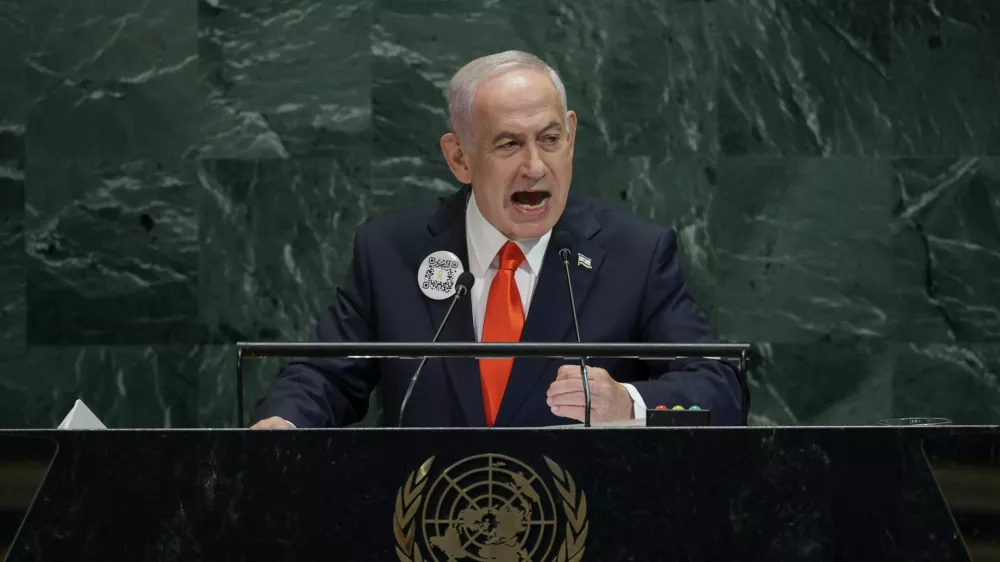 Israeli Prime Minister Benjamin Netanyahu addresses the 80th United Nations General Assembly (UNGA) at U.N. headquarters in New York City, U.S., September 26, 2025. REUTERS/Jeenah Moon